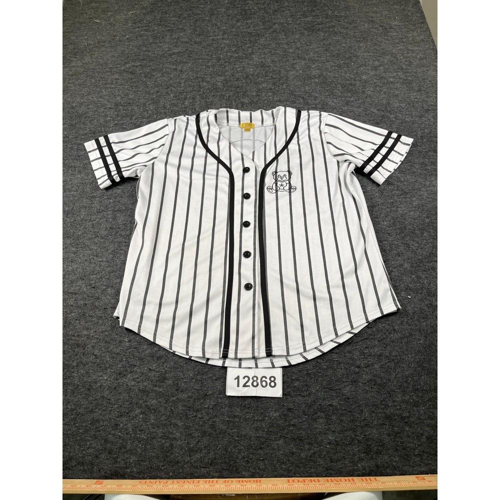 Cult Favorite Baseball Jersey Mens Large White Black Striped Mesh Brooklyn Bear